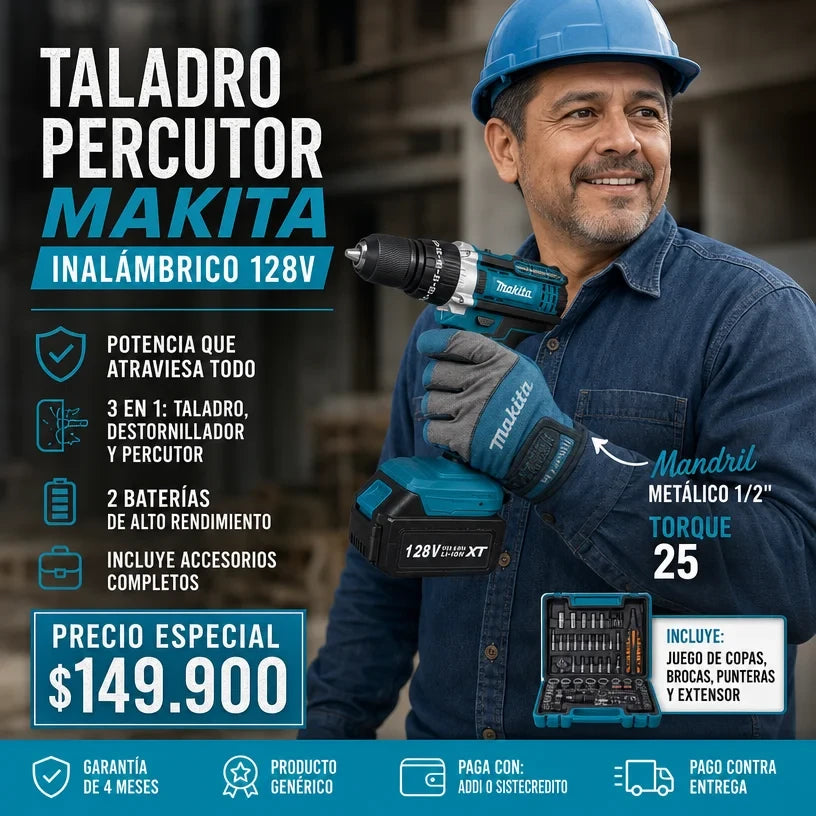 Taladro Percutor MAKITA 128V Mandril metalico 1/2" Inalambrico