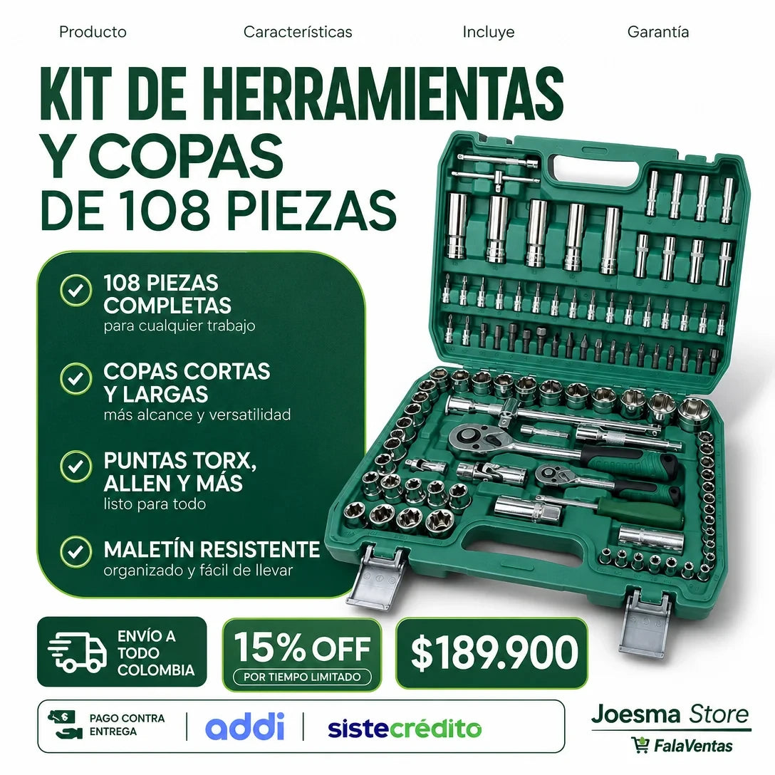 Kit de Herramientas Mecánicas y Copas Profesional 108 Piezas
