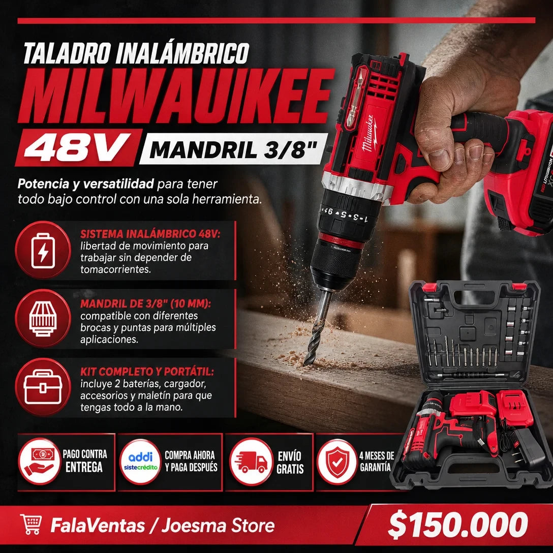 Taladro Percutor Milwaukee 48V Mandril metalico 3/8"