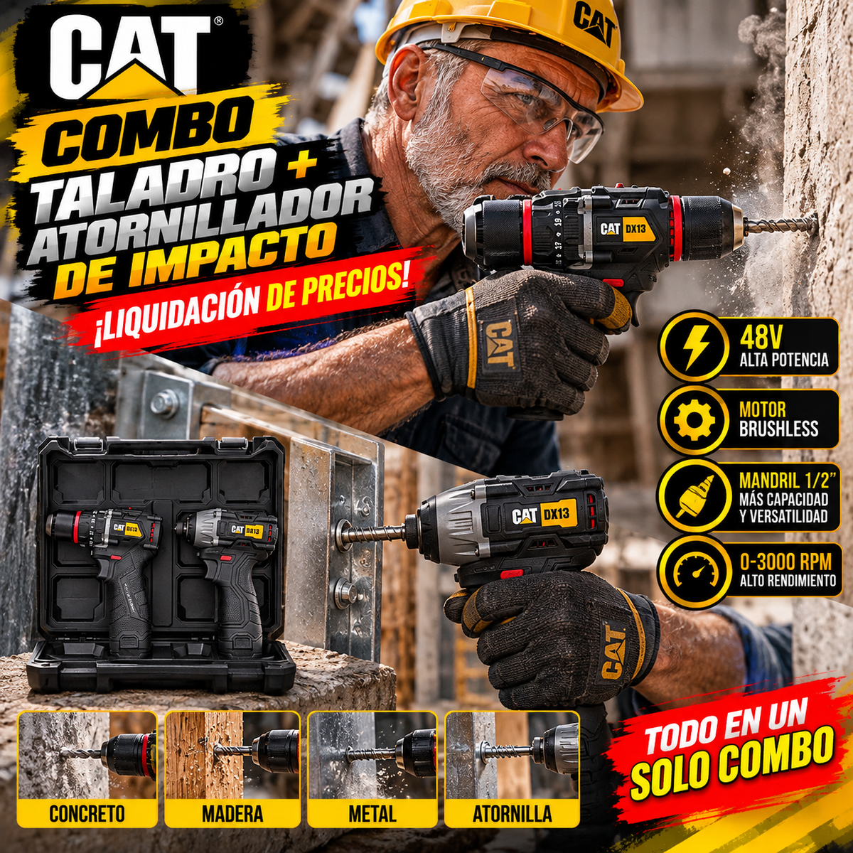 CAT PowerDuo 48V™ – Kit Profesional Taladro + Atornillador Inalámbrico