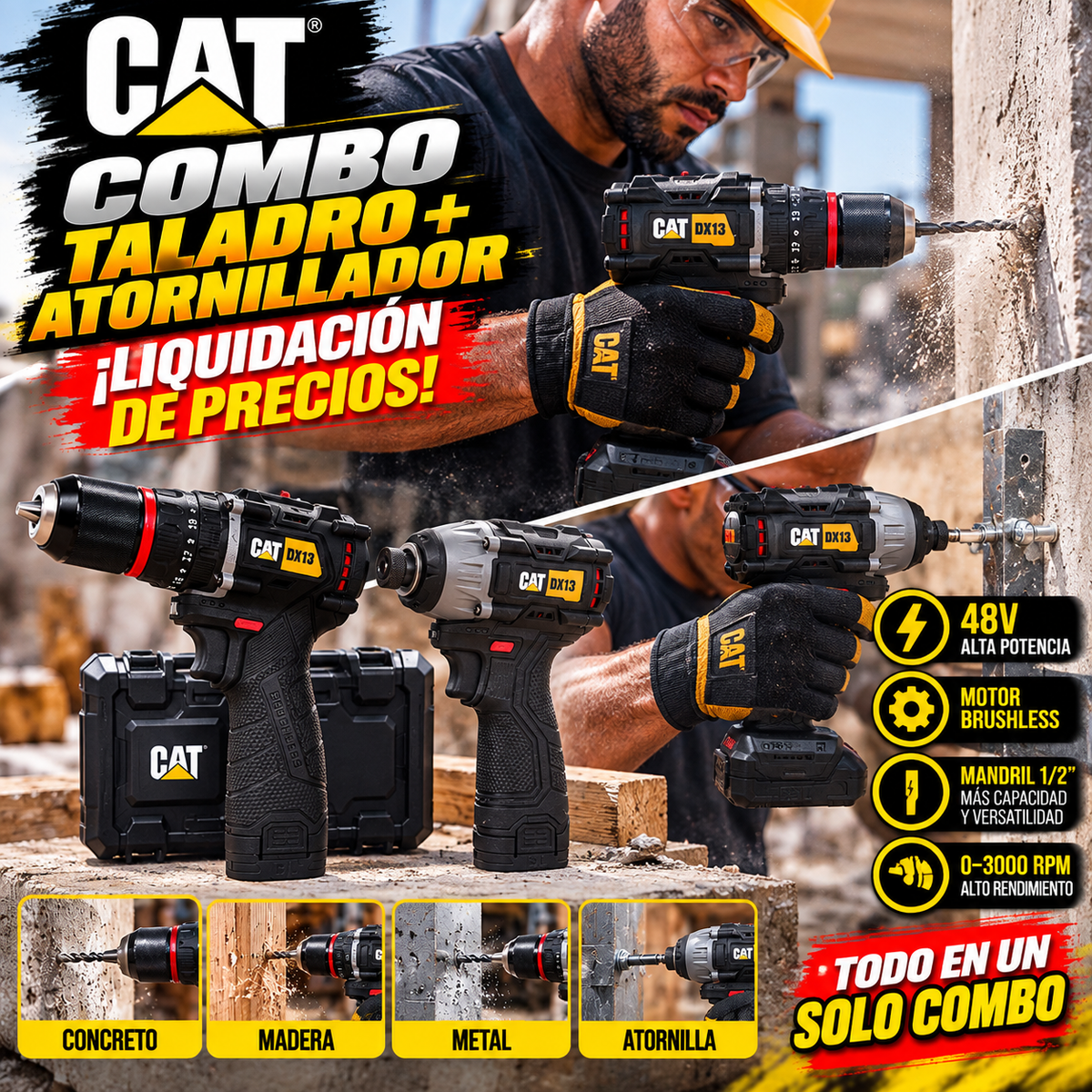 CAT PowerDuo 48V™ – Kit Profesional Taladro + Atornillador Inalámbrico