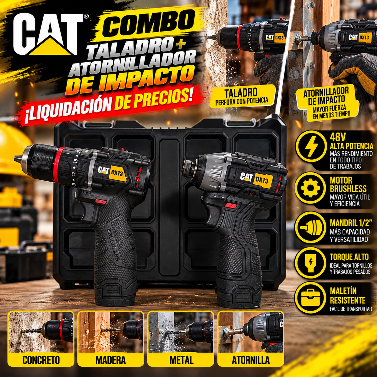 CAT PowerDuo 48V™ – Kit Profesional Taladro + Atornillador Inalámbrico