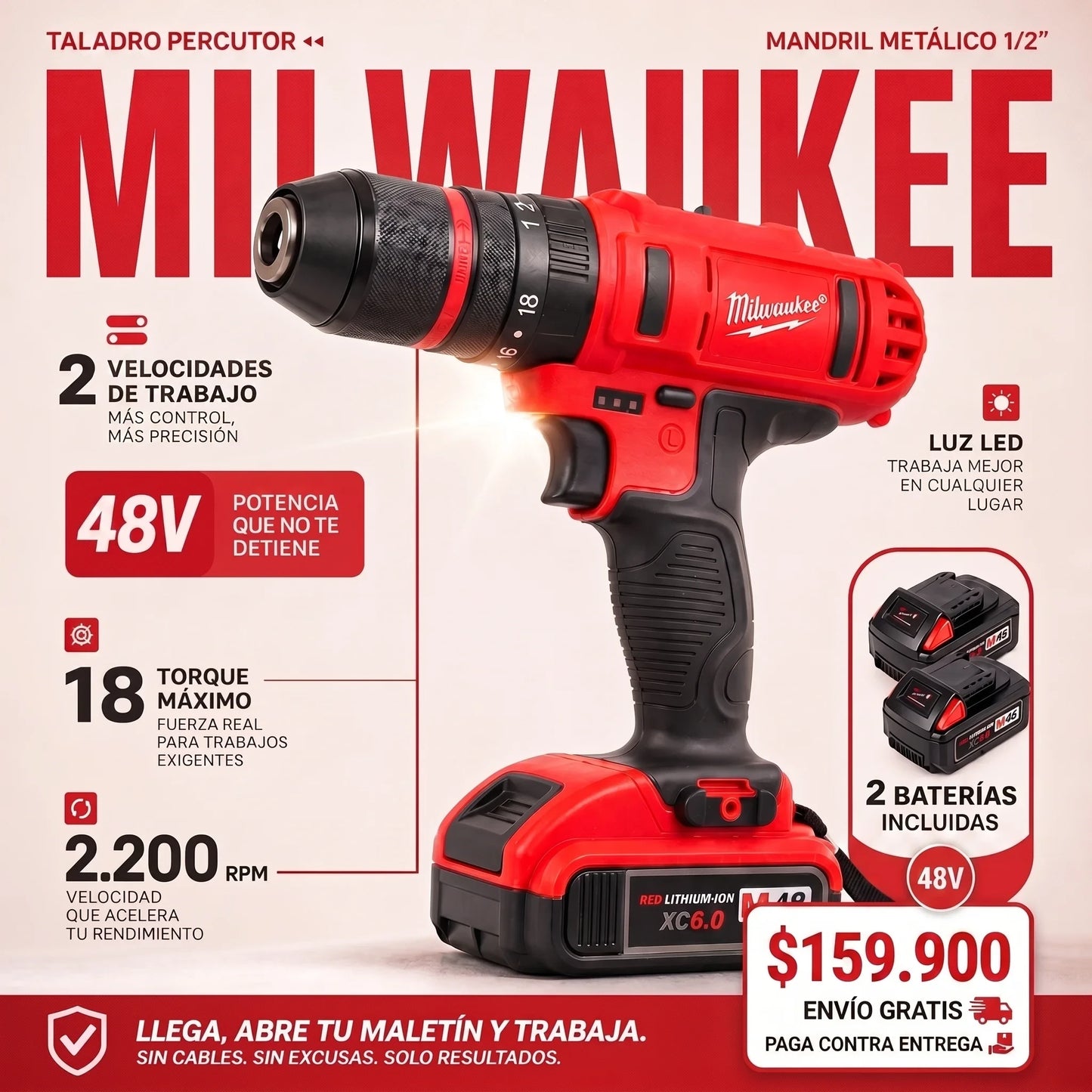 Taladro Percutor Milwaukee 68v Mandril Metalico 1/2"