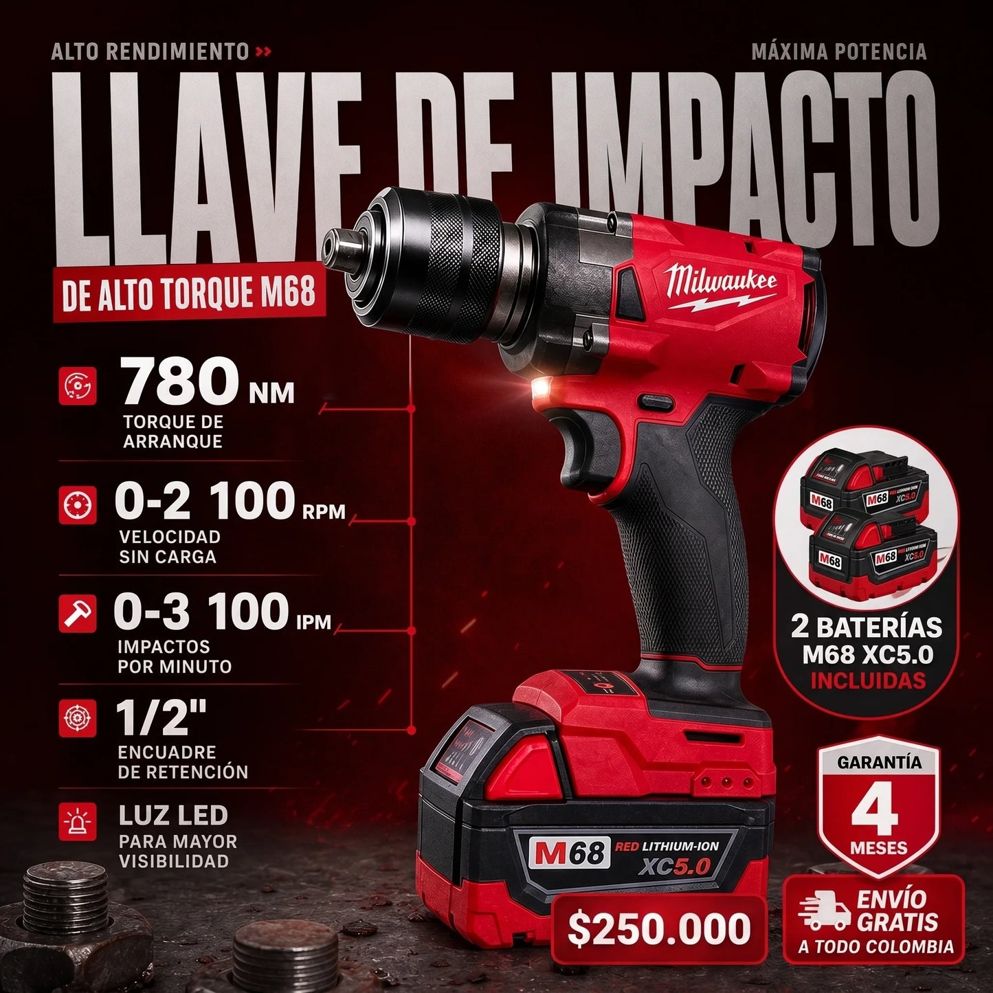 Llave de impacto de alto torque M68 FUEL™ de 1/2"