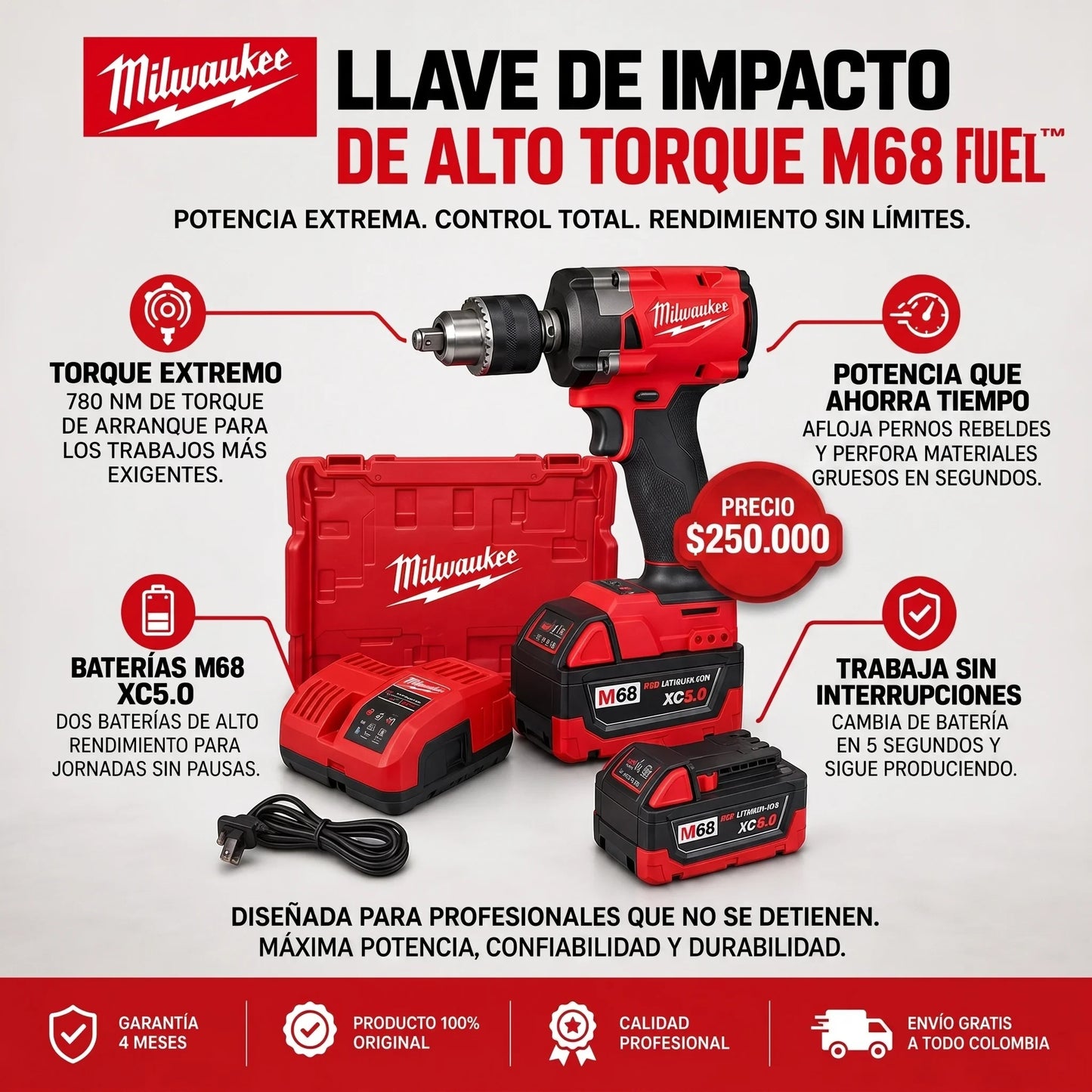 Llave de impacto de alto torque M68 FUEL™ de 1/2"