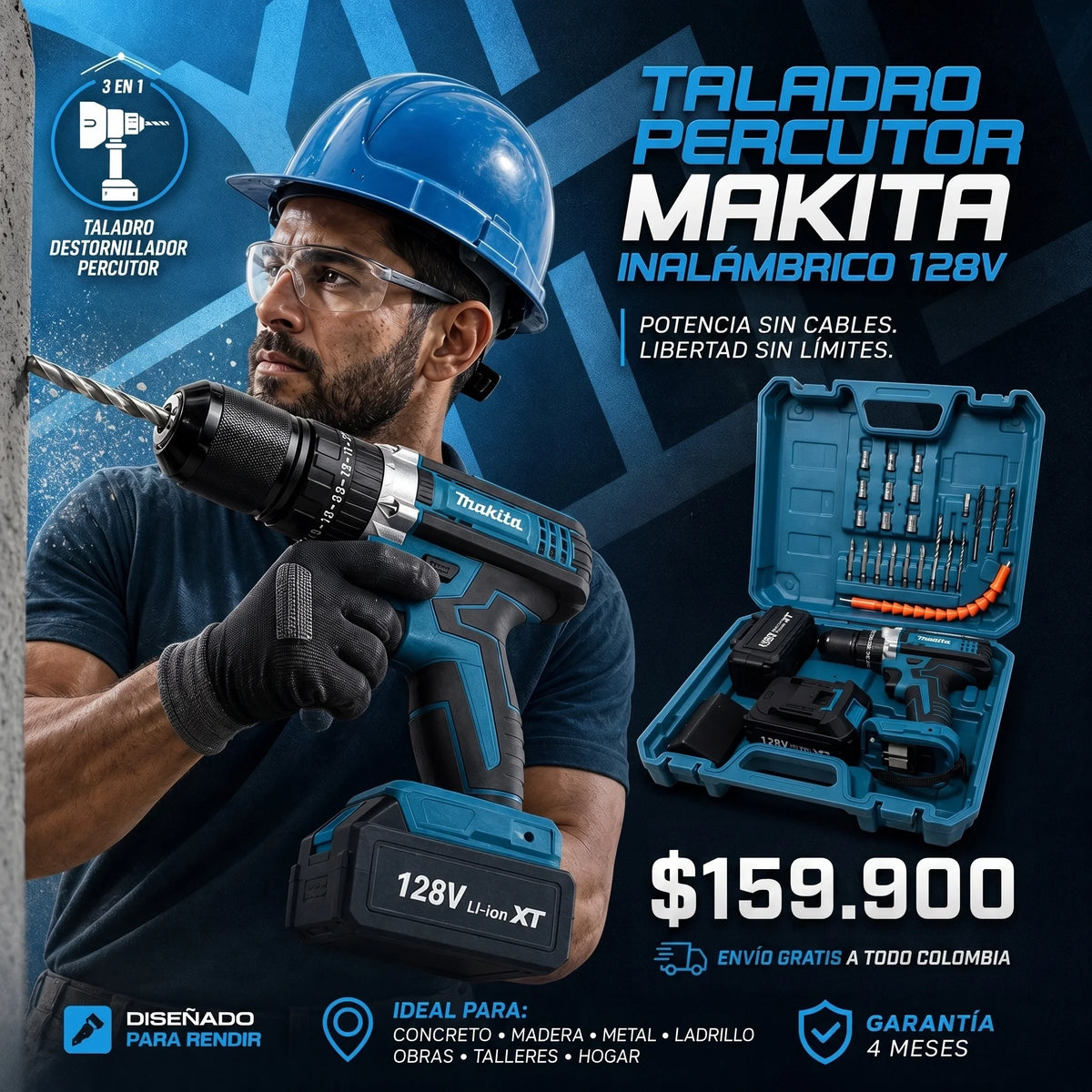 Taladro Percutor MAKITA 128V Mandril metalico 1/2" Inalambrico