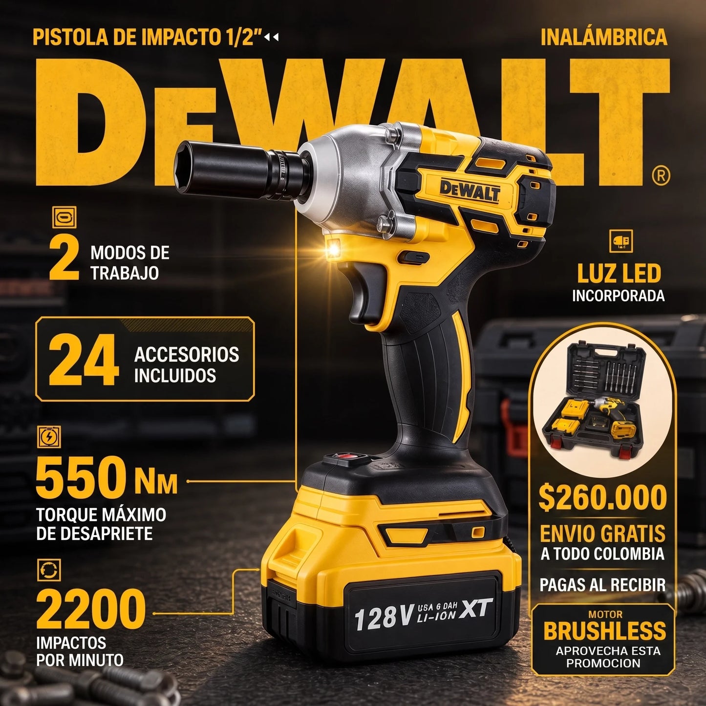 Pistola de impacto DeWALT 1/2" Inalambrica Motor Brushless