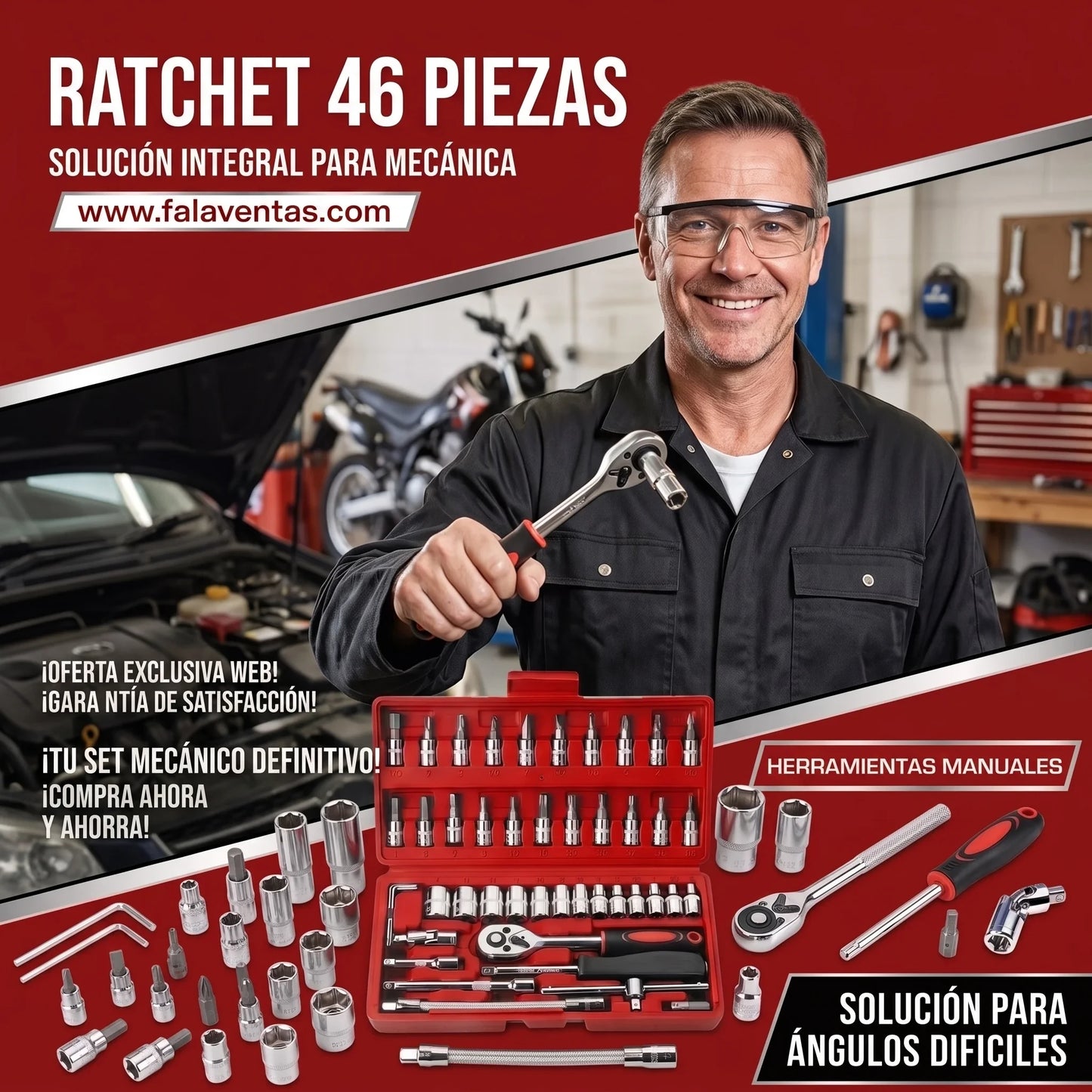 Kit de Herramientas de Mecánica RATCHET 46PCS en 1, 1/4" con Estuche Rígido