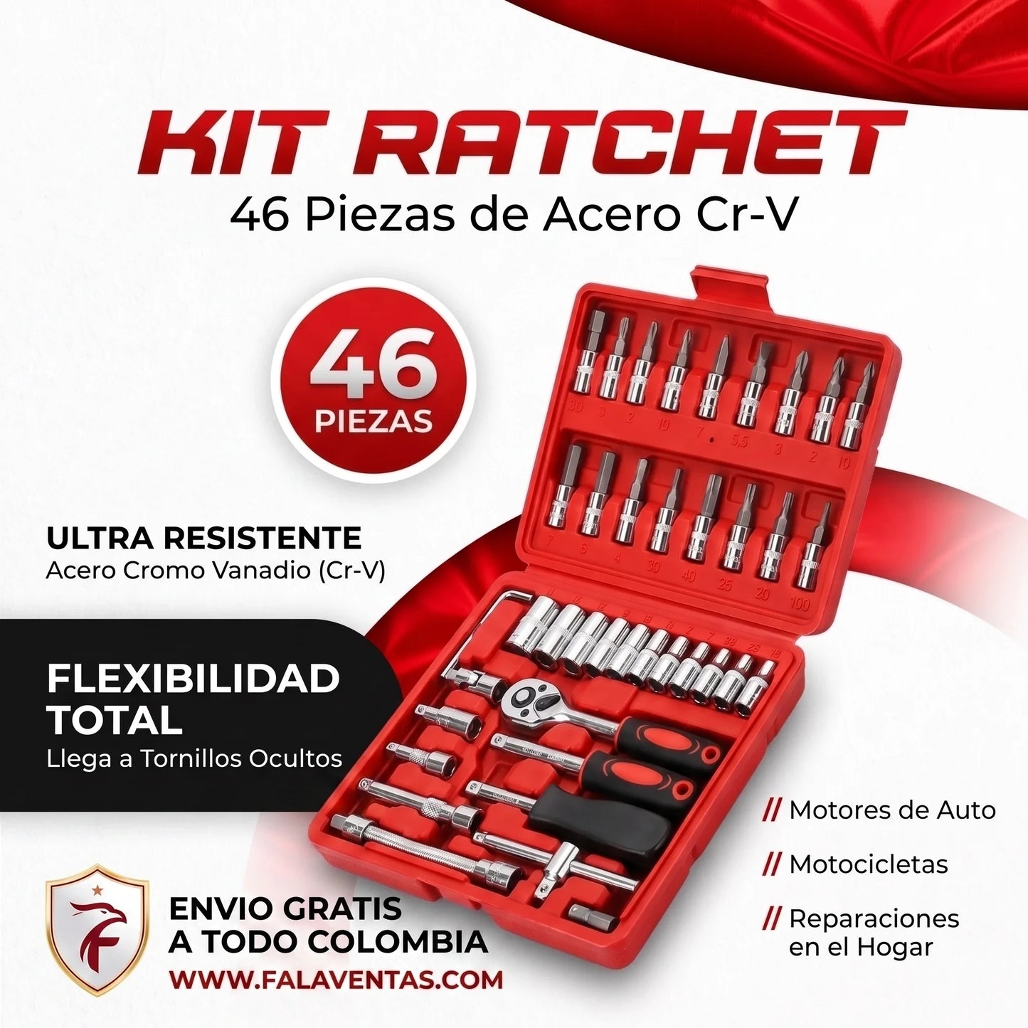Kit de Herramientas de Mecánica RATCHET 46PCS en 1, 1/4" con Estuche Rígido