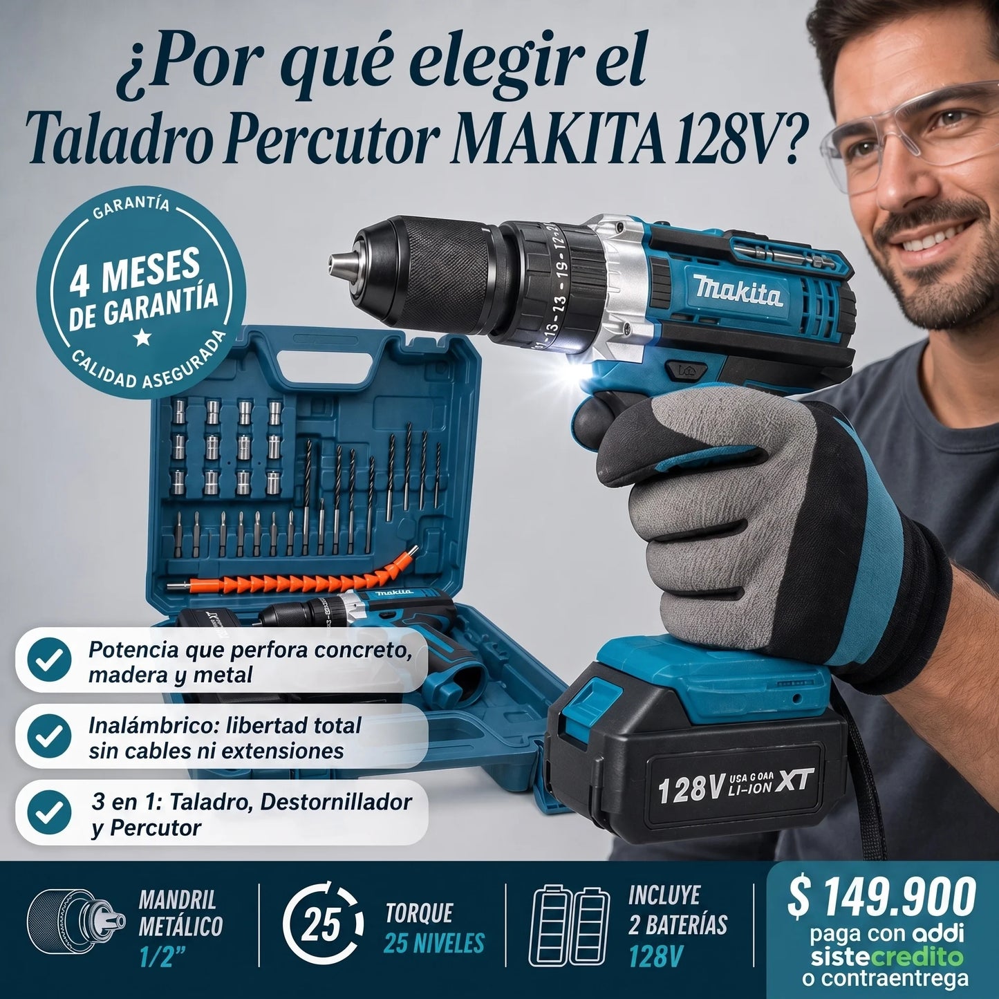 Taladro Percutor MAKITA 128V Mandril metalico 1/2" Inalambrico