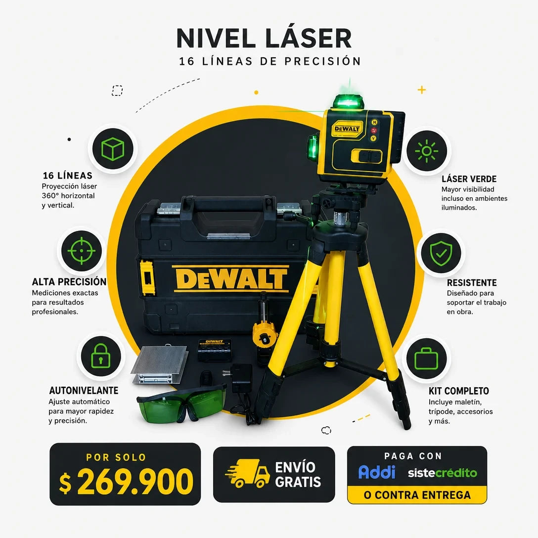 Nivel Láser 16 Líneas Táctil – DeWALT | 4 planos 360° | Autonivelante🎚️