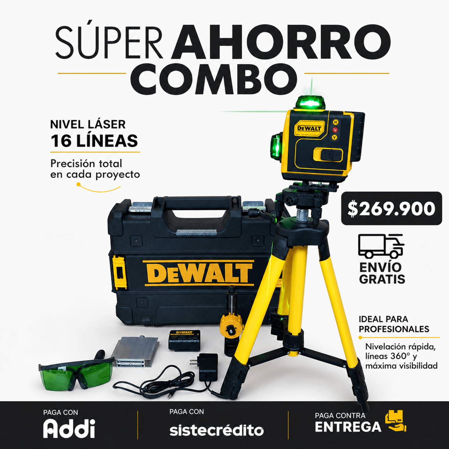 Nivel Láser 16 Líneas Táctil – DeWALT | 4 planos 360° | Autonivelante🎚️