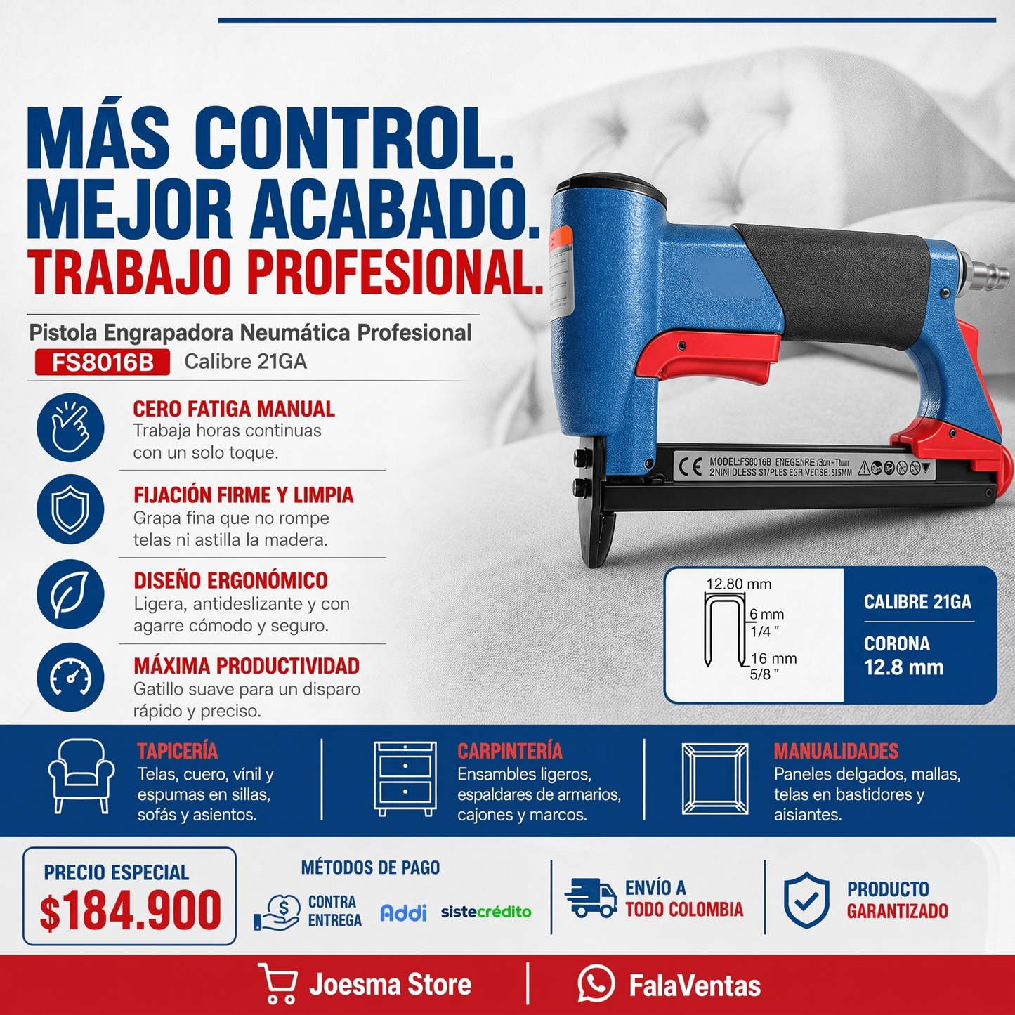 Pistola Engrapadora Neumática FS8016B - Calibre 21GA