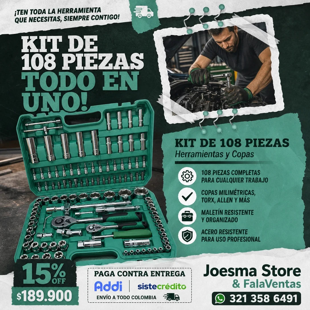 Kit de Herramientas Mecánicas y Copas Profesional 108 Piezas