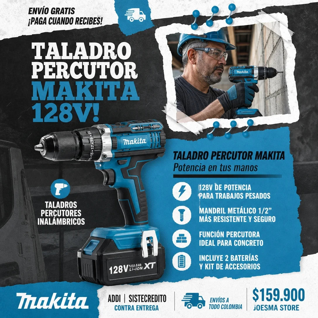Taladro Percutor MAKITA 128V Mandril metalico 1/2" Inalambrico