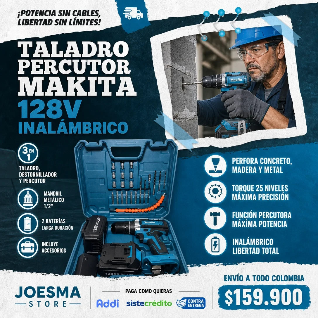 Taladro Percutor MAKITA 128V Mandril metalico 1/2" Inalambrico