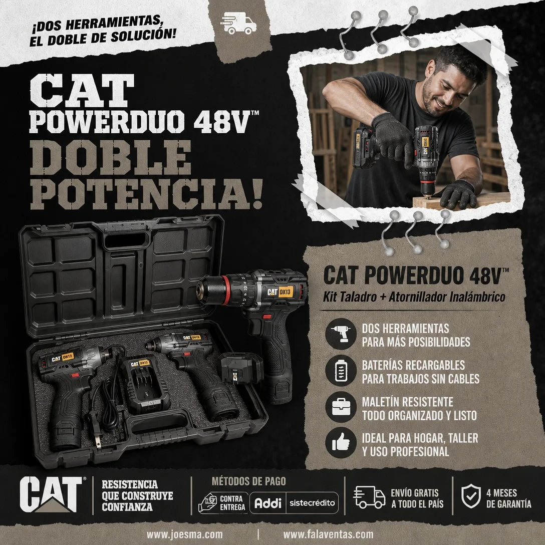 CAT PowerDuo 48V™ – Kit Profesional Taladro + Atornillador Inalámbrico