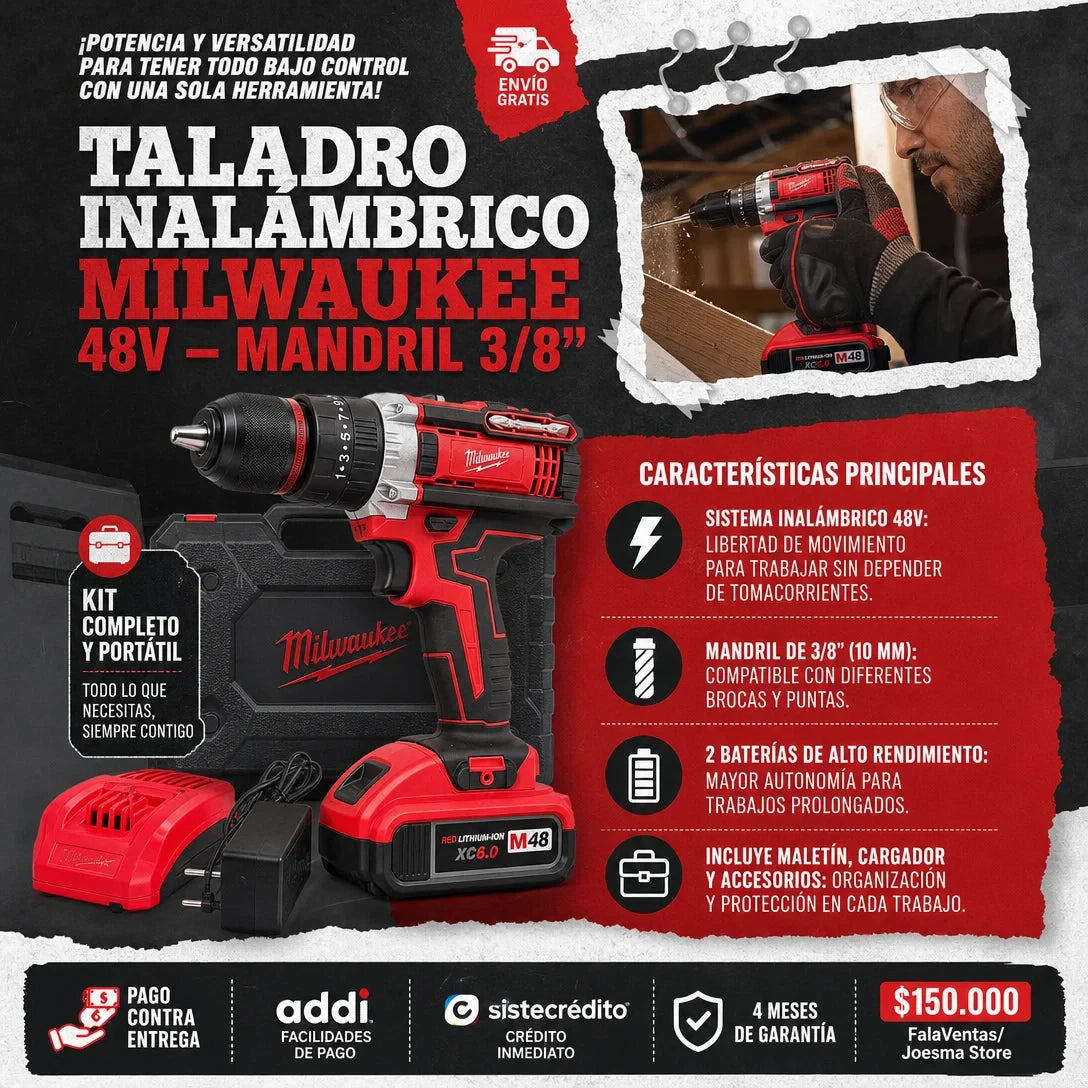 Taladro Percutor Milwaukee 48V Mandril metalico 3/8"