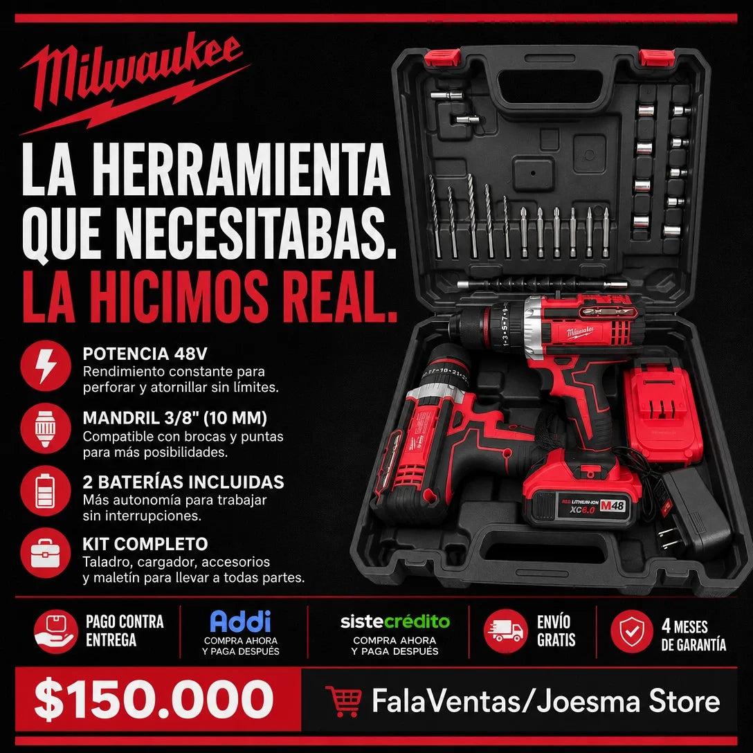 Taladro Percutor Milwaukee 48V Mandril metalico 3/8"