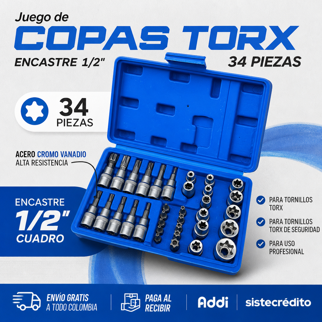 Set de Copas Torx 34 Piezas Encastre 1/2”