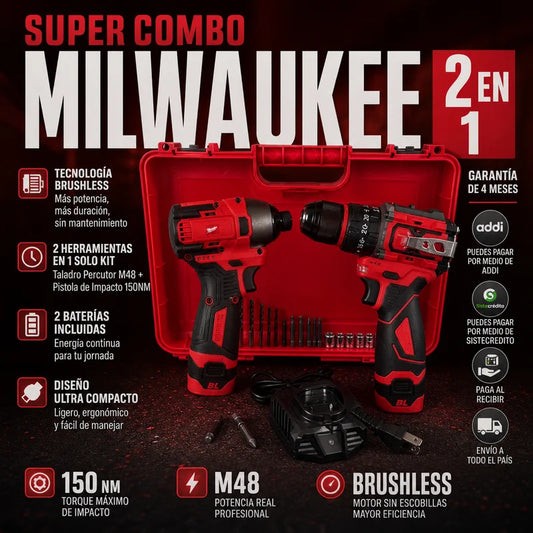 Super Combo MILWAUKEE 2 en 1. Taladro Percutor M48 + Pistola de Impacto 150NM BRUSHLESS Inalambrico