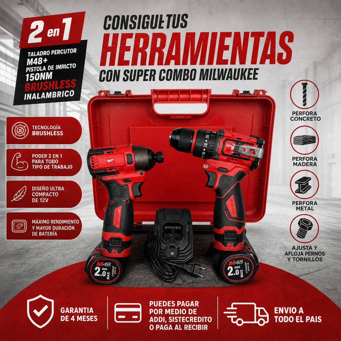 Super Combo MILWAUKEE 2 en 1. Taladro Percutor M48 + Pistola de Impacto 150NM BRUSHLESS Inalambrico