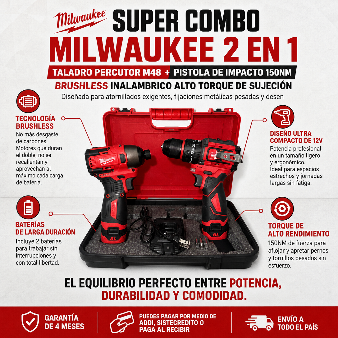Super Combo MILWAUKEE 2 en 1. Taladro Percutor M48 + Pistola de Impacto 150NM BRUSHLESS Inalambrico