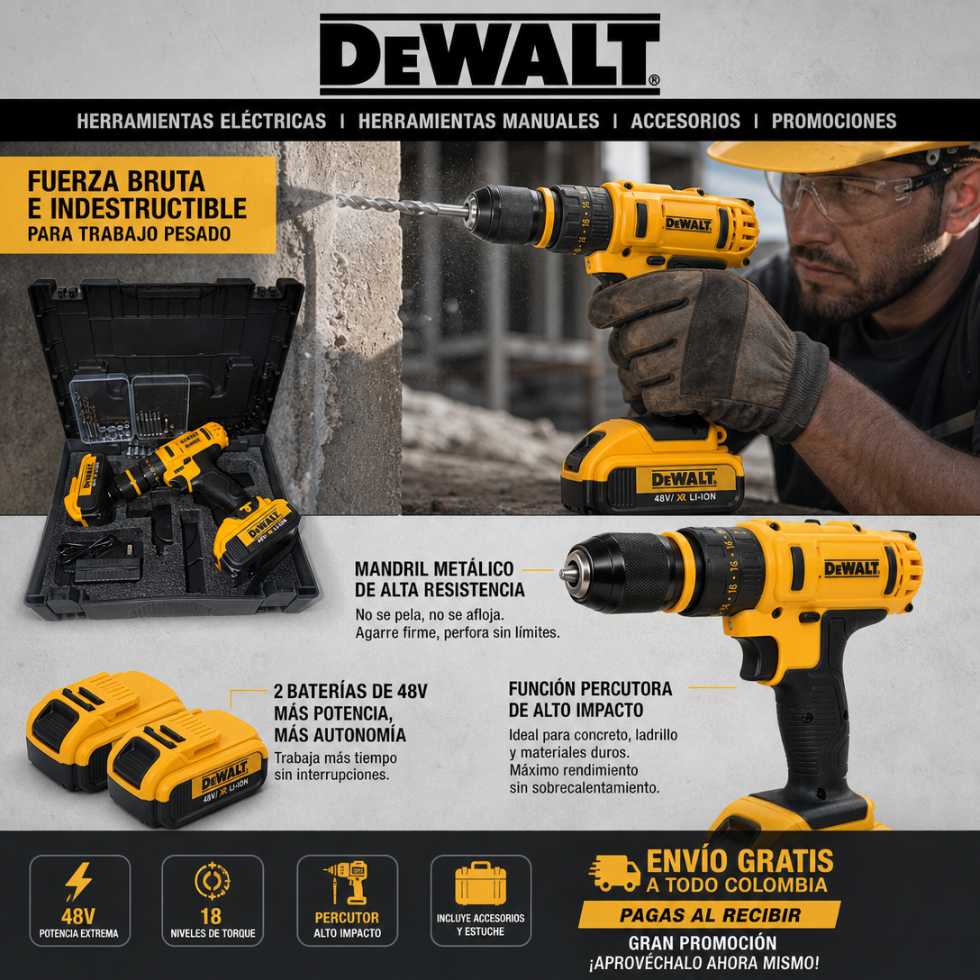 Taladro Percutor DeWALT 48v Inalambrico mandril metalico 1/2"