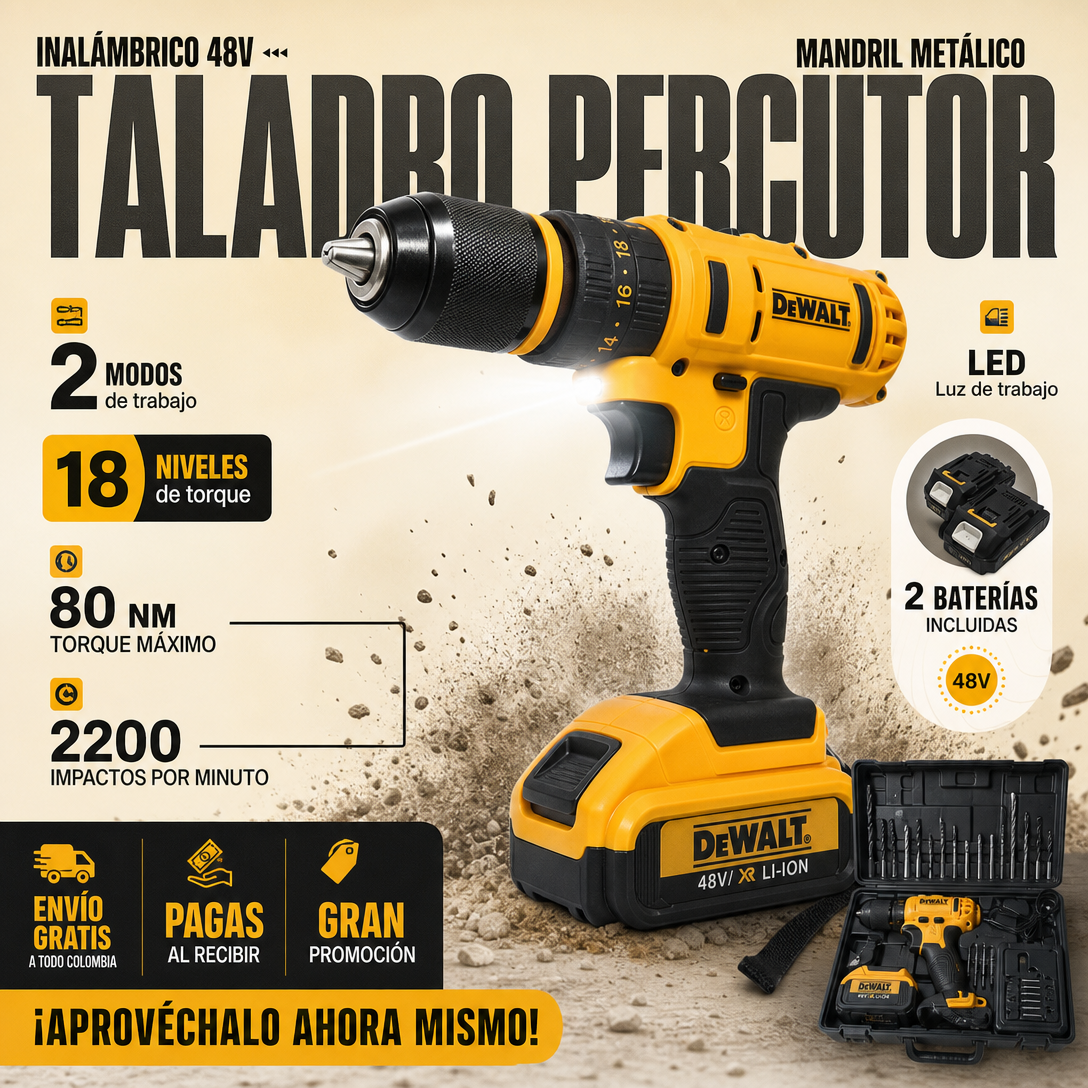 Taladro Percutor DeWALT 48v Inalambrico mandril metalico 1/2"