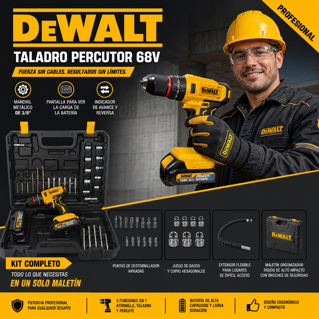 TALADRO PERCUTOR DEWALT 68V MANDRIL METALICO DE 3/8" CON PANTALLA