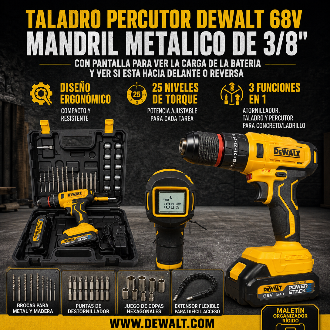 TALADRO PERCUTOR DEWALT 68V MANDRIL METALICO DE 3/8" CON PANTALLA
