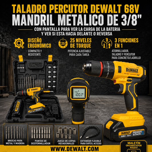 TALADRO PERCUTOR DEWALT 68V MANDRIL METALICO DE 3/8" CON PANTALLA