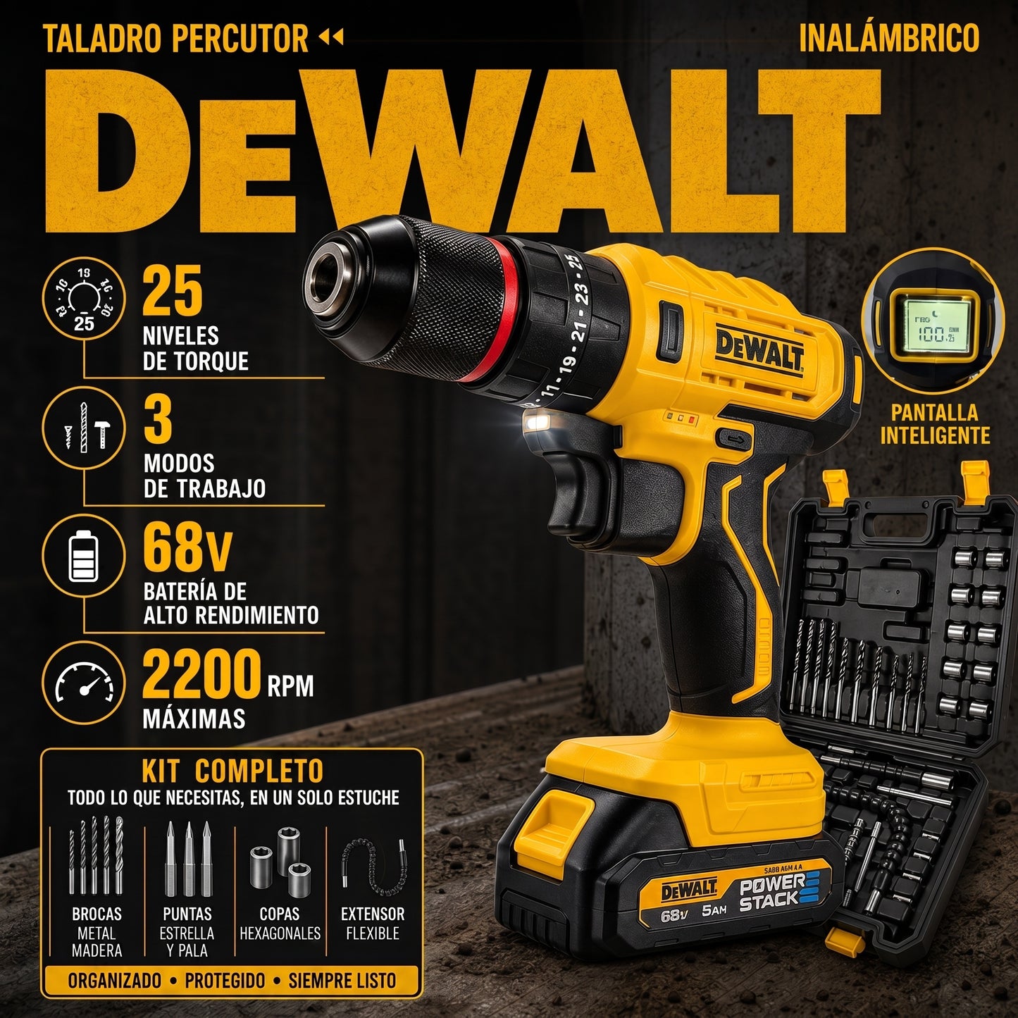 TALADRO PERCUTOR DEWALT 68V MANDRIL METALICO DE 3/8" CON PANTALLA